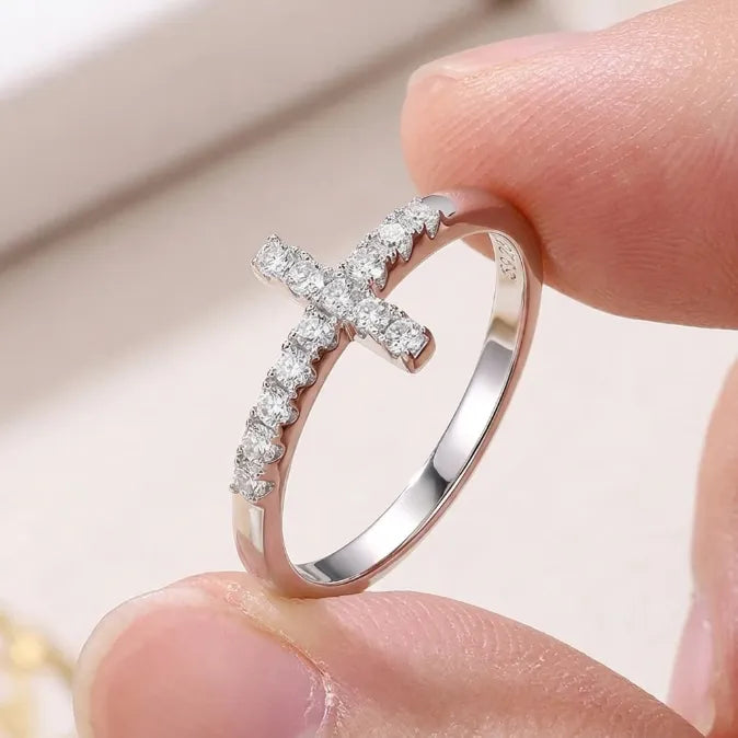 Moissanite Sideways Cross Ring in 925 Sterling Silver | Hypoallergenic Everyday Faith Jewelry