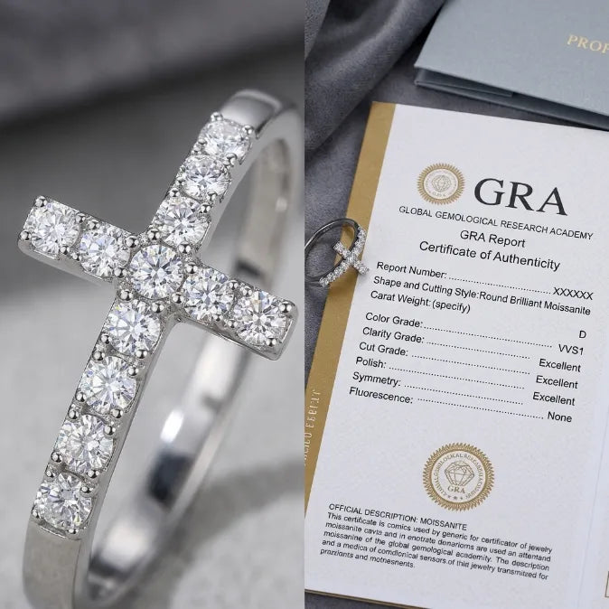 Moissanite Sideways Cross Ring in 925 Sterling Silver | Hypoallergenic Everyday Faith Jewelry