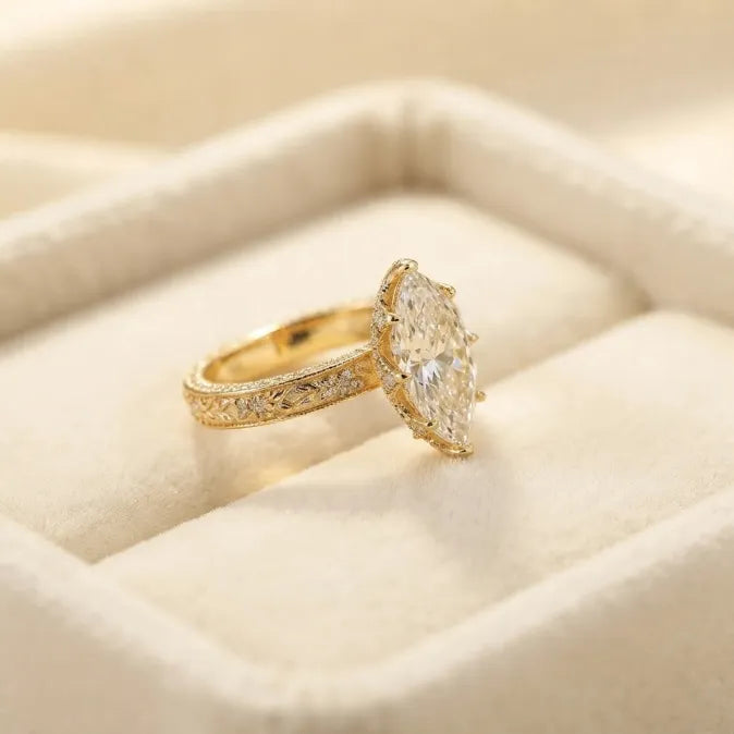 Brilliant 4-Carat Marquise Solitaire Ring with Vintage Floral Setting | Comfortable Everyday Elegance & Sparkle